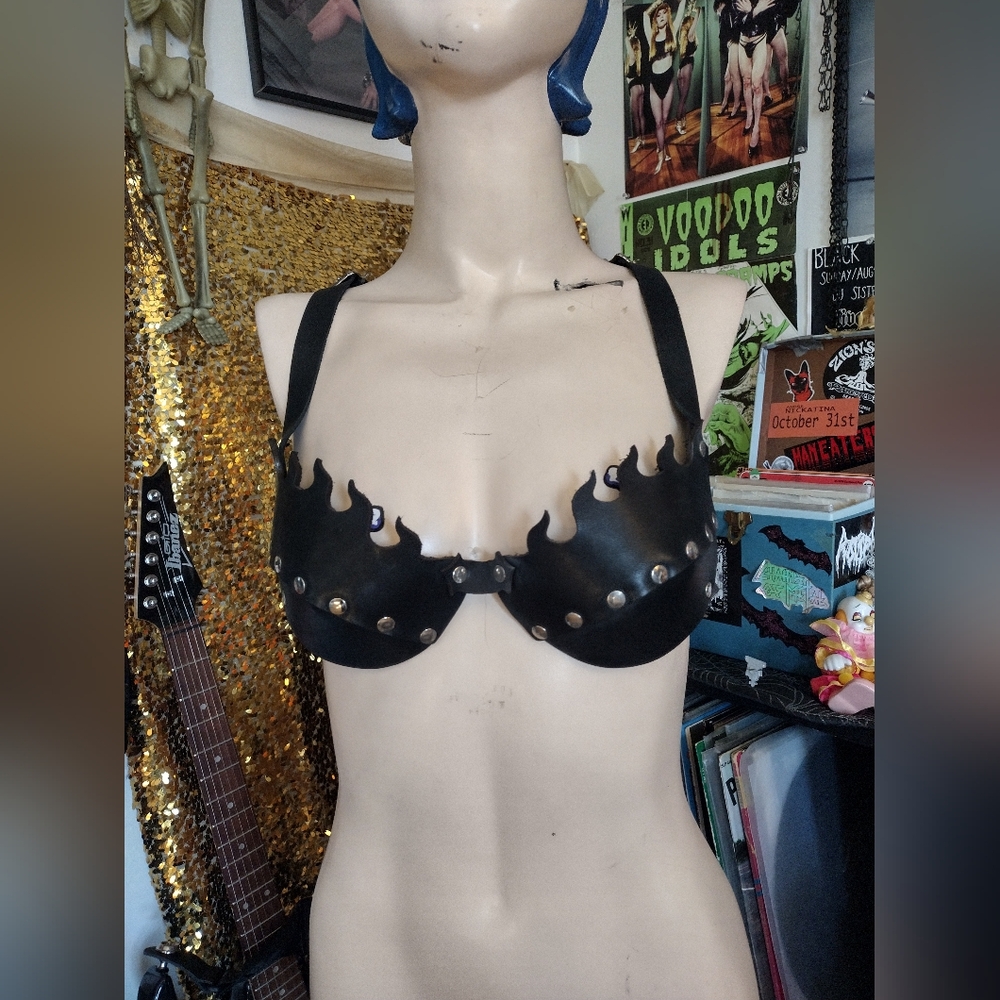 Genuine Leather Black Flame Studded Biker Bra Top Bikini Adjustable